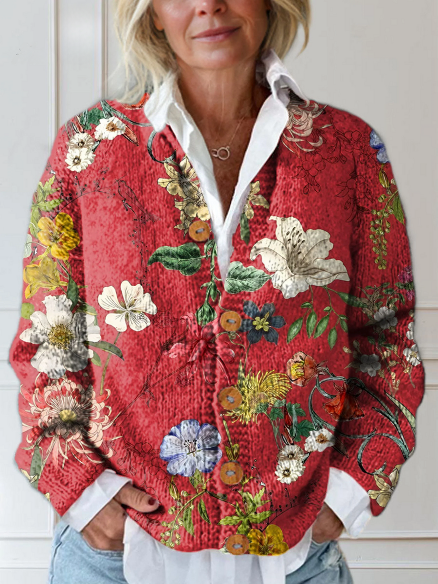 Women's Vintage Floral Art Print Buttoned Cardigan Sweater