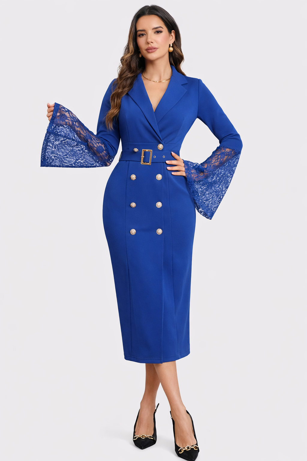 Aveline™ | Belted Lace-Sleeve Midi Dress