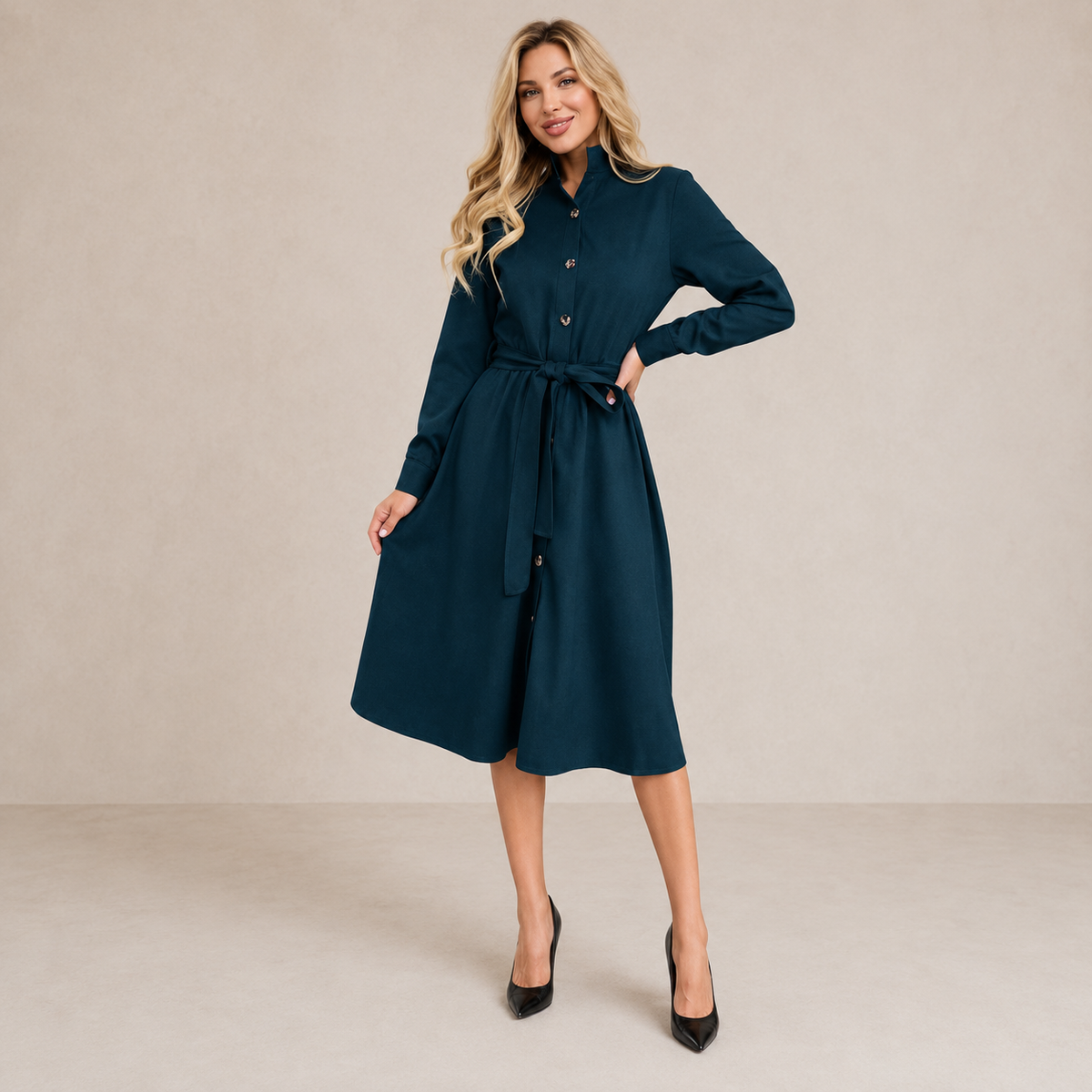 Aveline™ | Belted Button Midi Dress