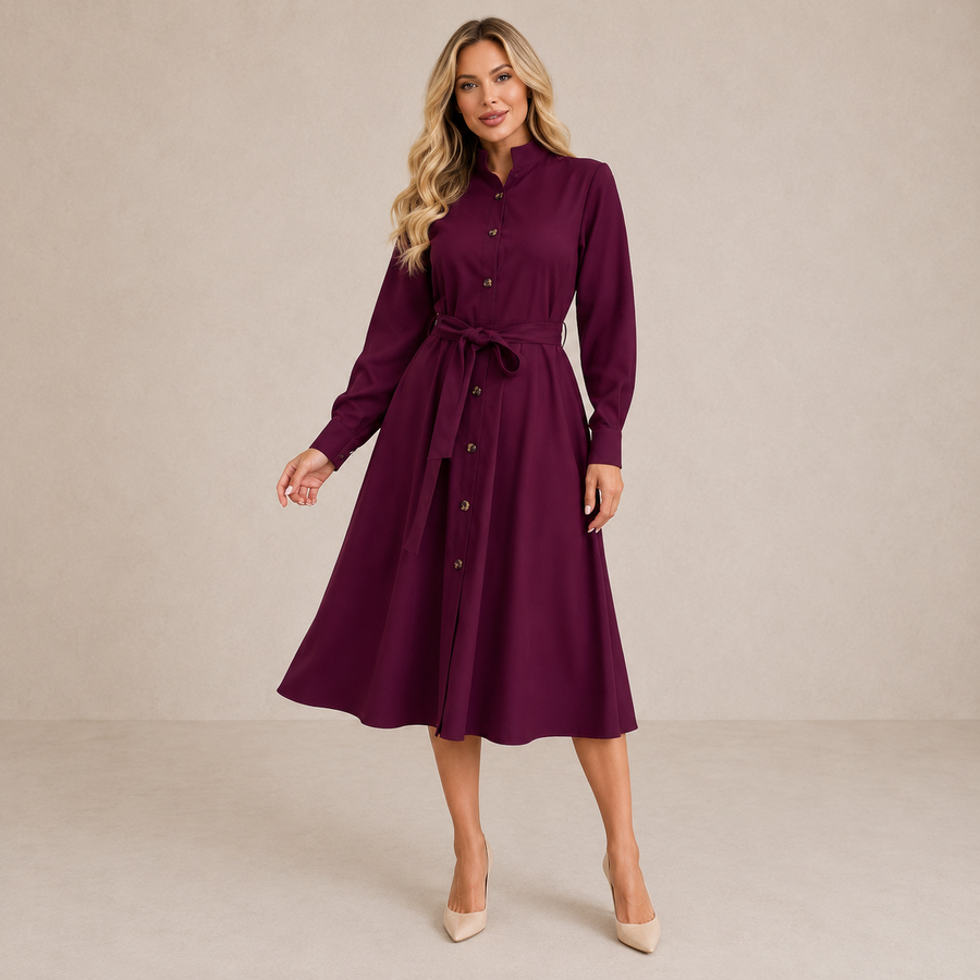 Aveline™ | Belted Button Midi Dress