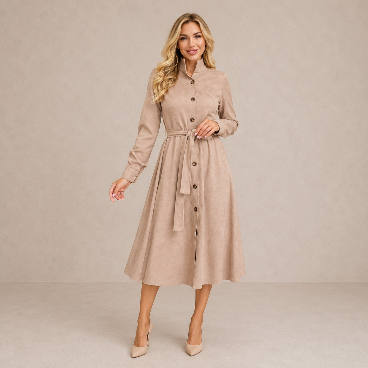 Aveline™ | Belted Button Midi Dress
