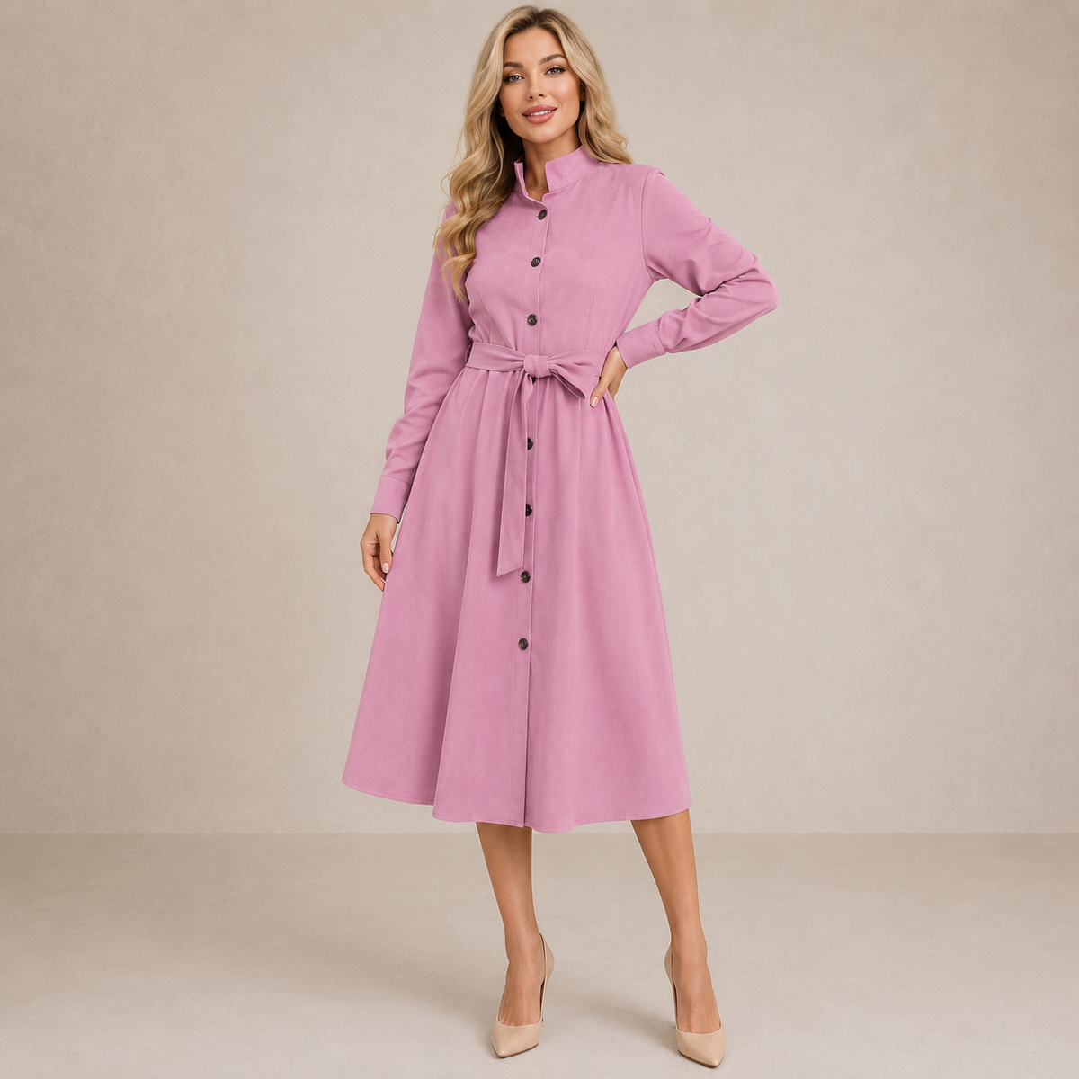 Aveline™ | Belted Button Midi Dress