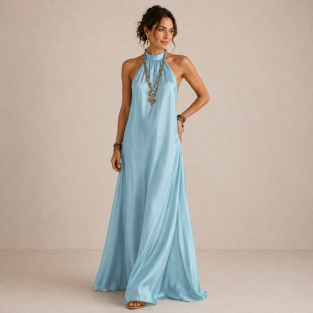 Aveline™ | Blue Halter-Neck Flowing Maxi Dress