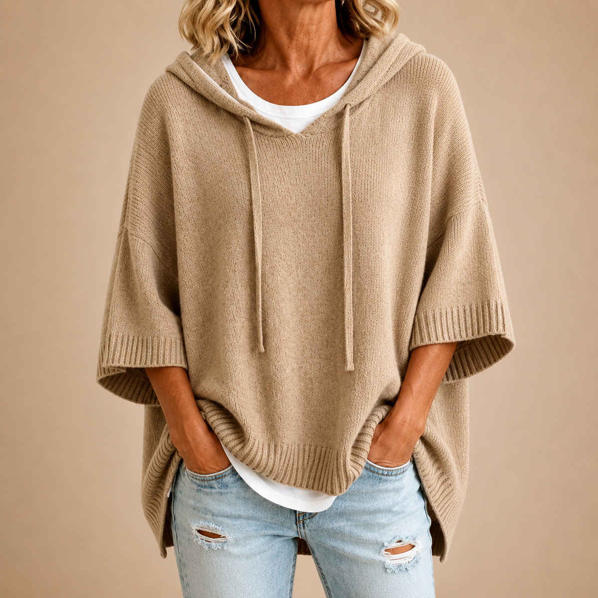 Oriana | Knitted Poncho with Hood and Three-Quarter Sleeves