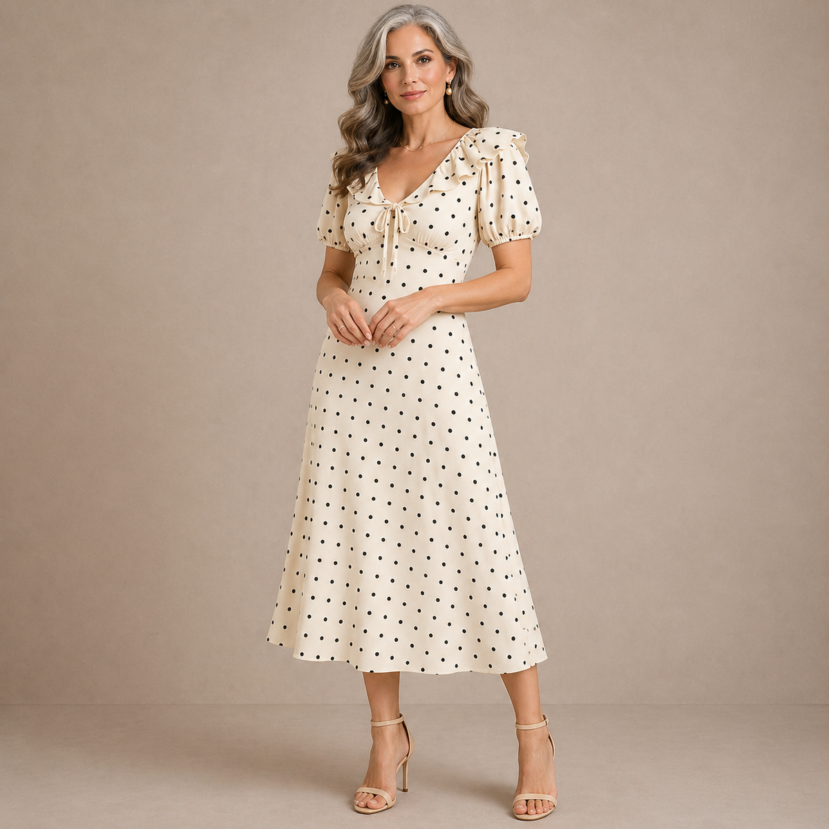 Aveline™ | Polka Dot Ruffle Midi Dress