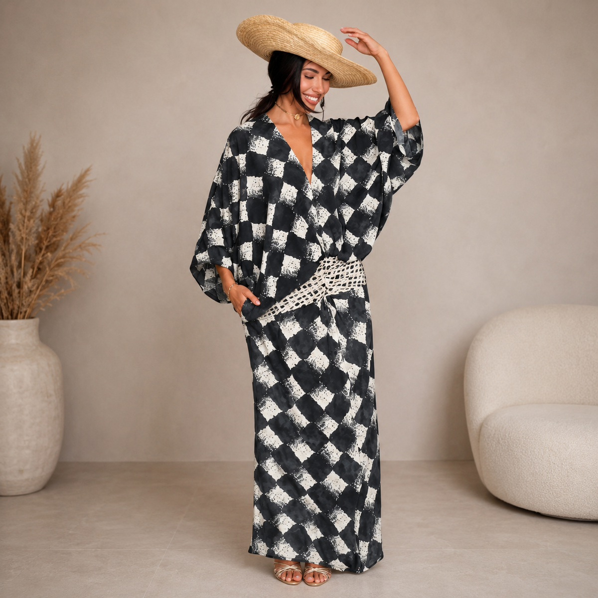 Aveline™ | Monochrome Print Maxi Dress