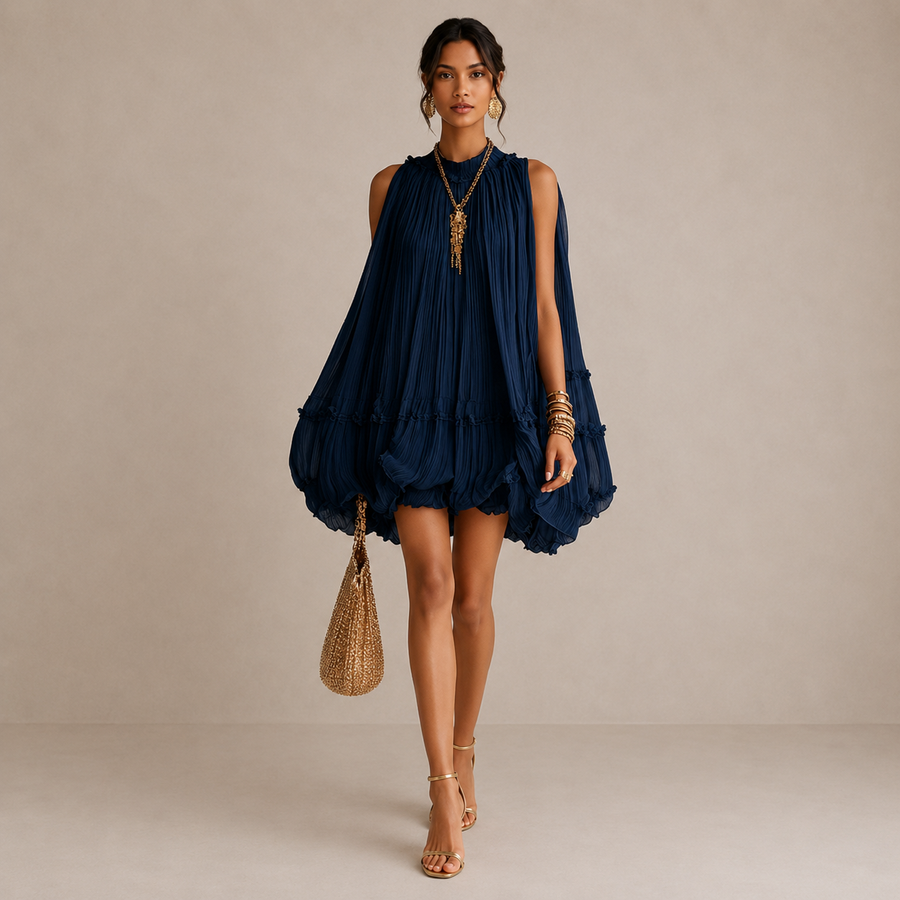 Aveline™ | Midnight Blue Ruffle Midi Dress