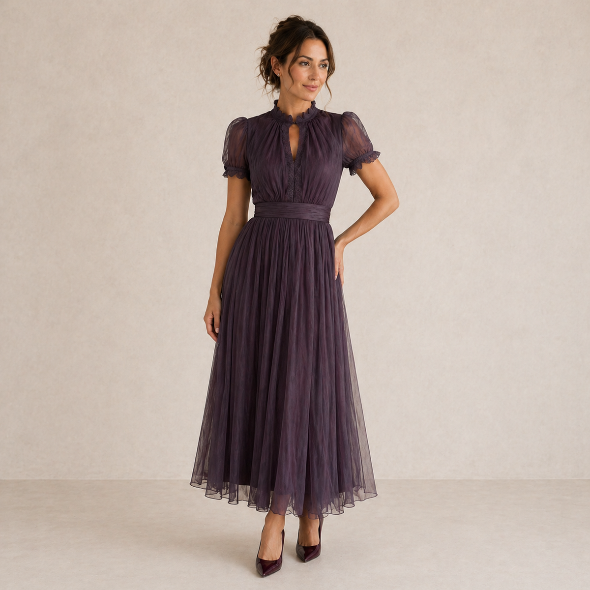 Aveline™ | Pleated Puff-Sleeve Midi Dress