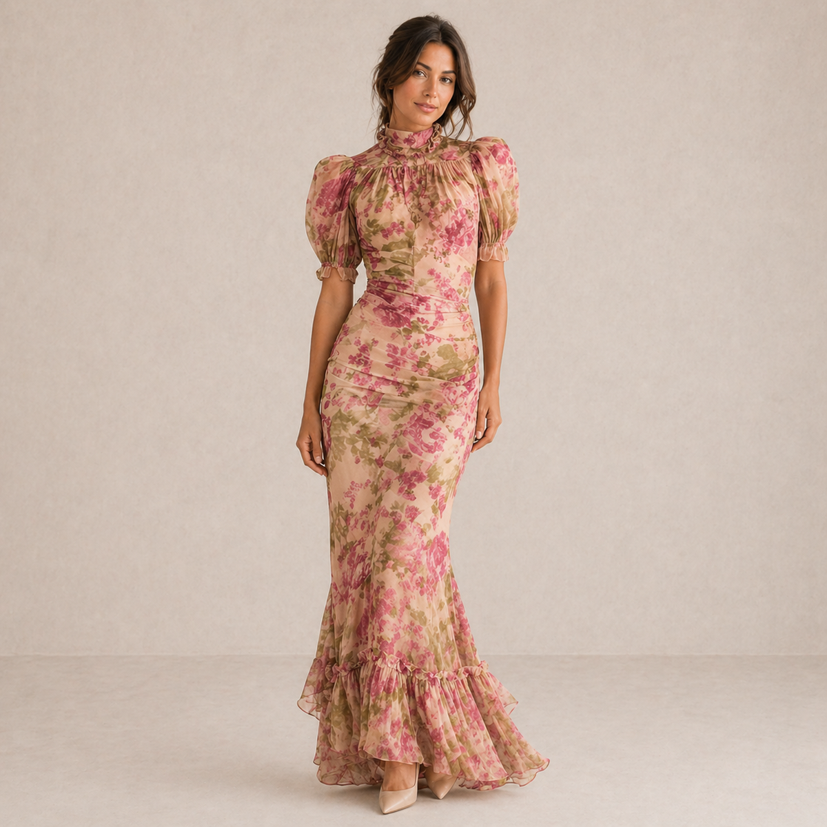 Aveline™ | Floral Puff-Sleeve Maxi Dress.