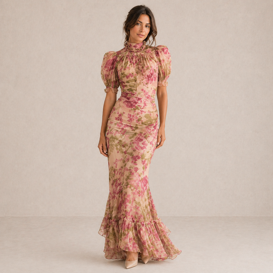 Aveline™ | Floral Puff-Sleeve Maxi Dress.