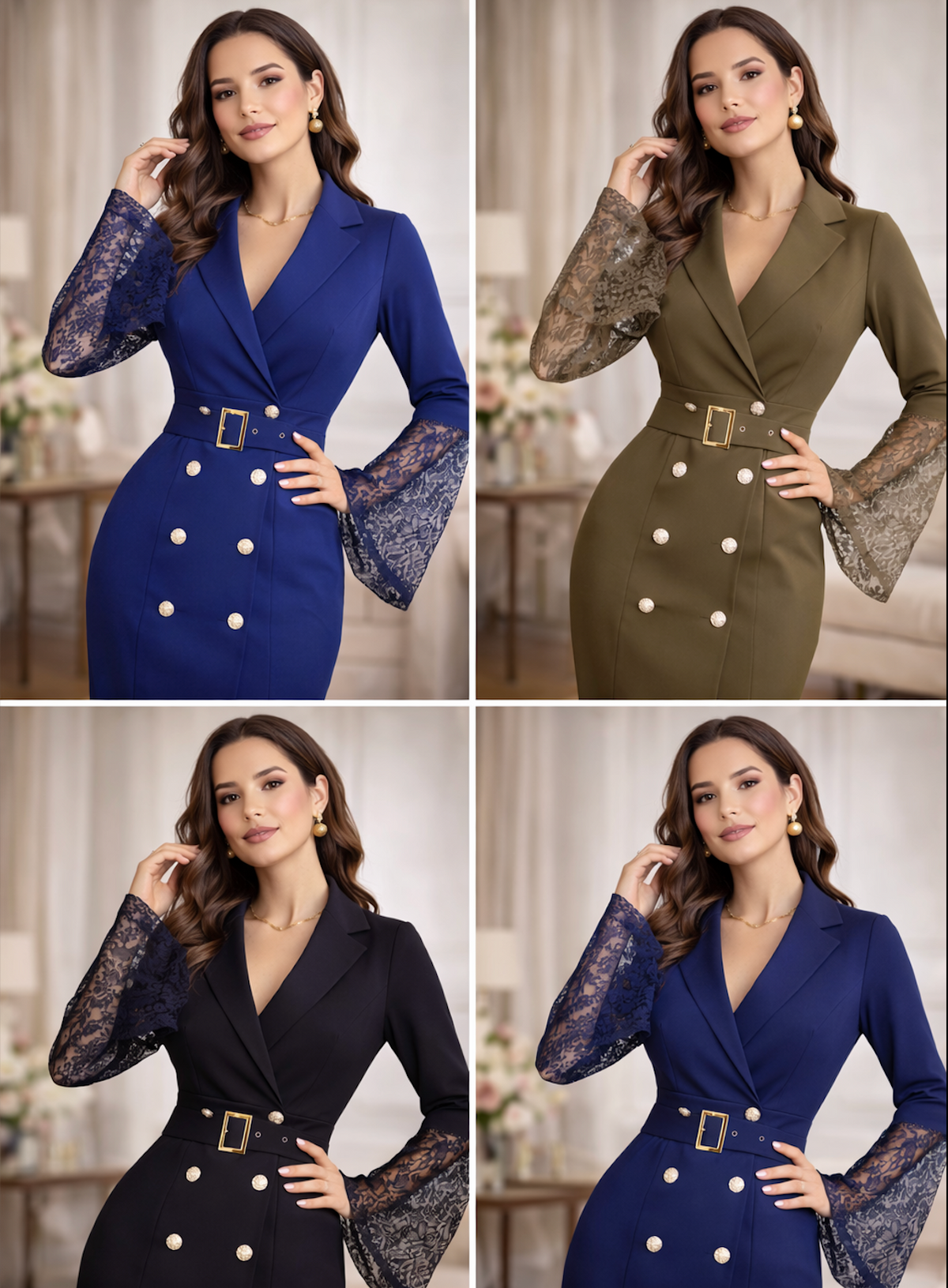 Aveline™ | Belted Lace-Sleeve Midi Dress