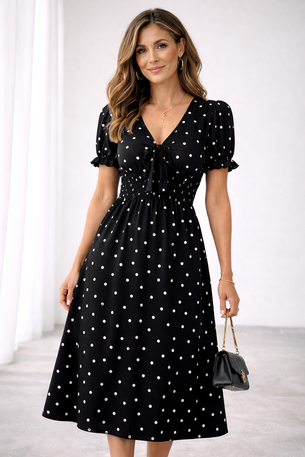 Aveline™ | Polka Dot Ruffle Midi Dress