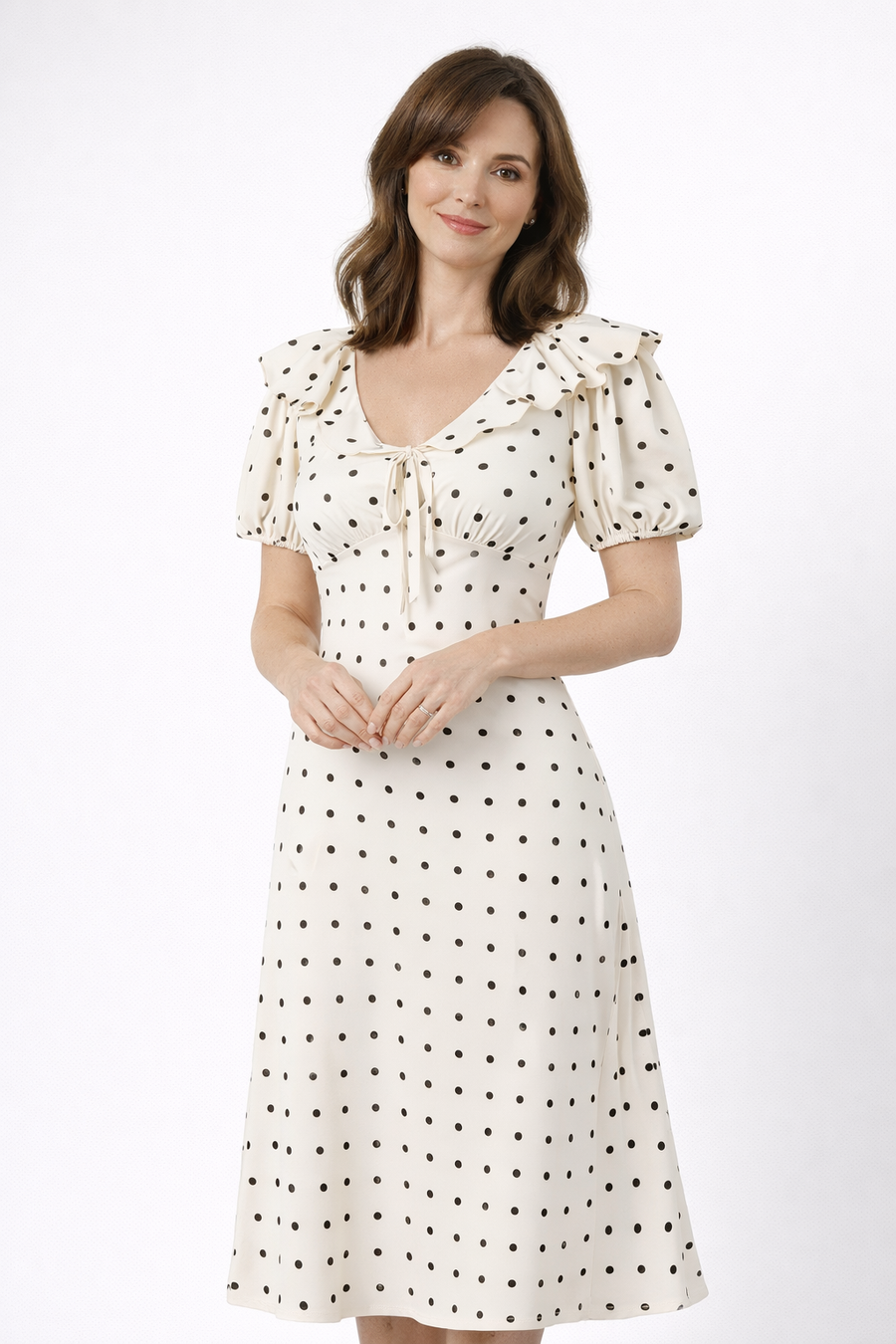 Aveline™ | Polka Dot Ruffle Midi Dress