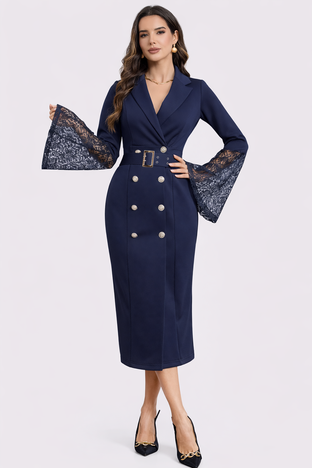 Aveline™ | Belted Lace-Sleeve Midi Dress