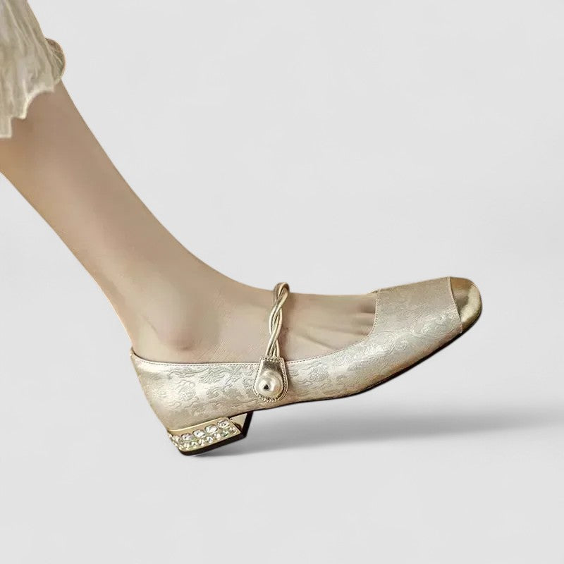 Camille Satin Baby Shoes with Jewel-Embellished Heel
