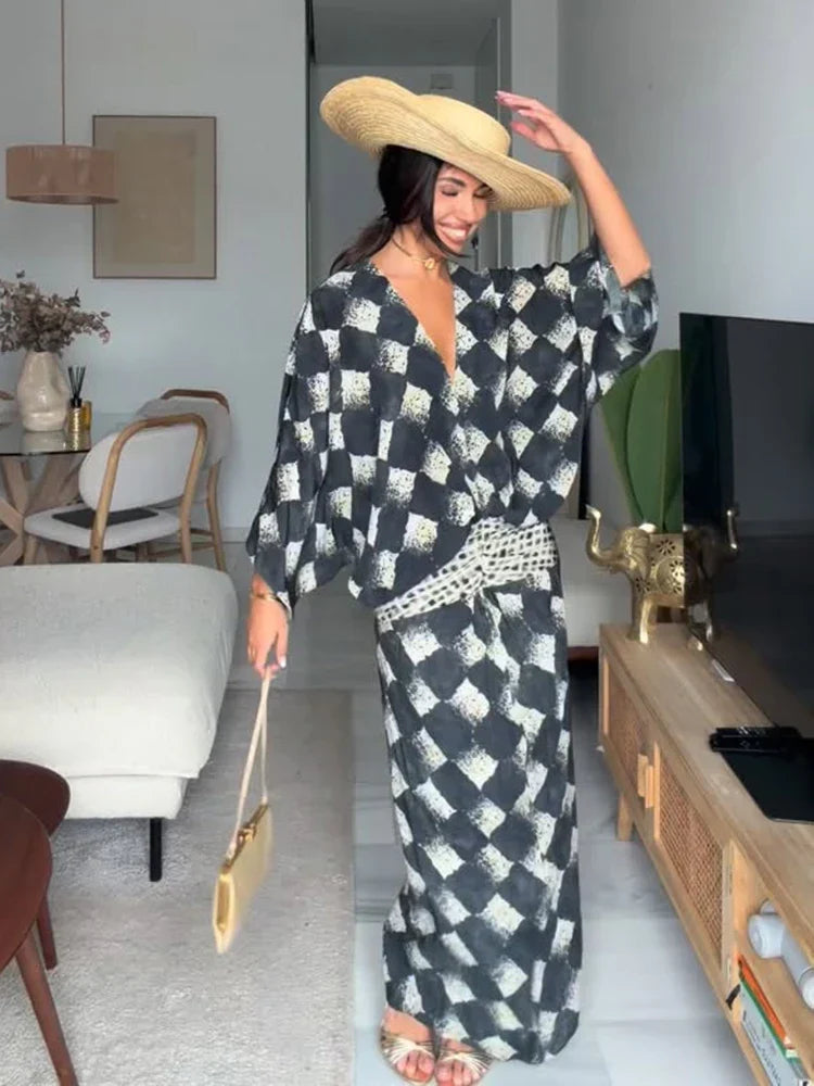 Aveline™ | Monochrome Print Maxi Dress