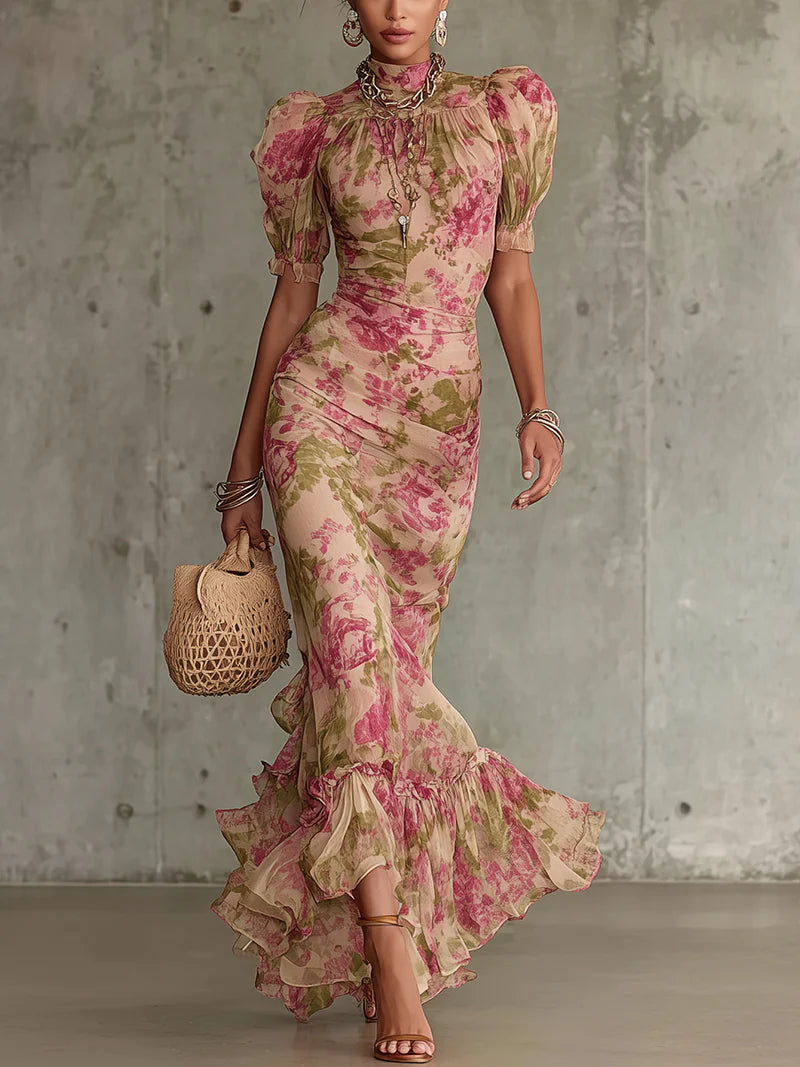 Aveline™ | Floral Puff-Sleeve Maxi Dress.