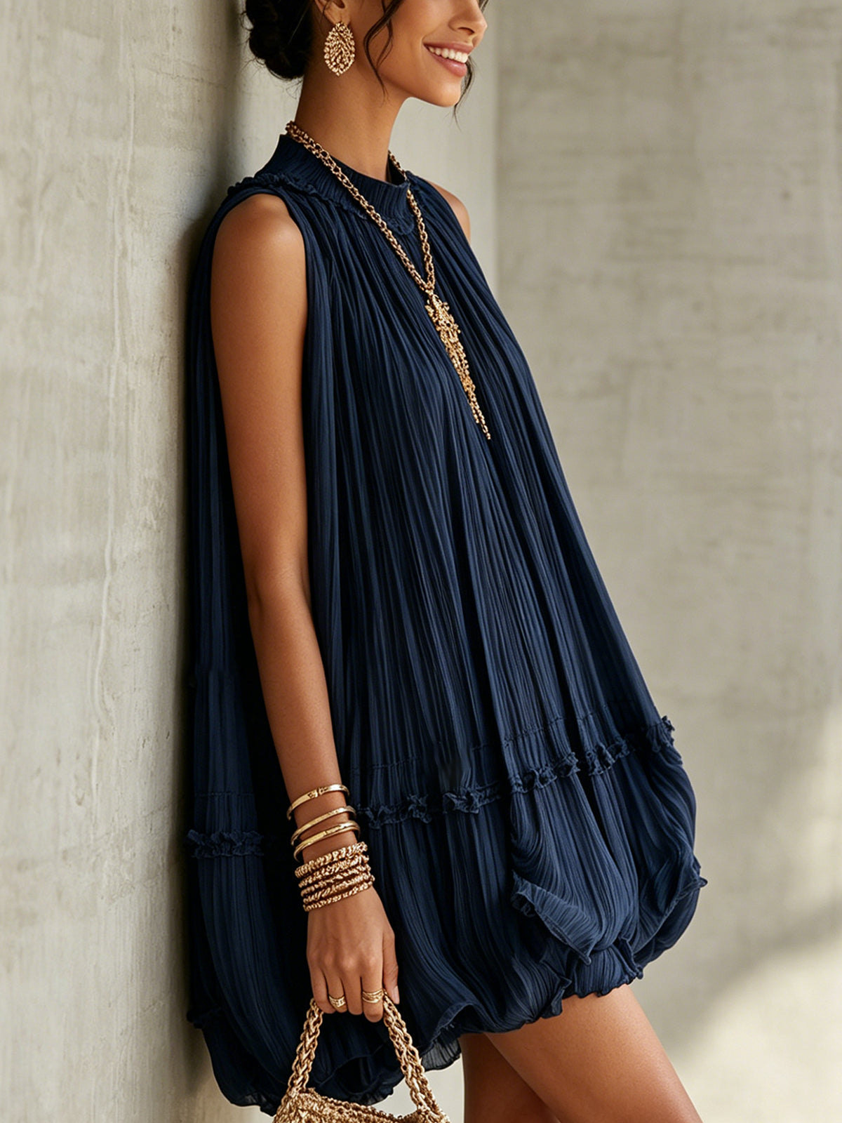 Aveline™ | Midnight Blue Ruffle Midi Dress