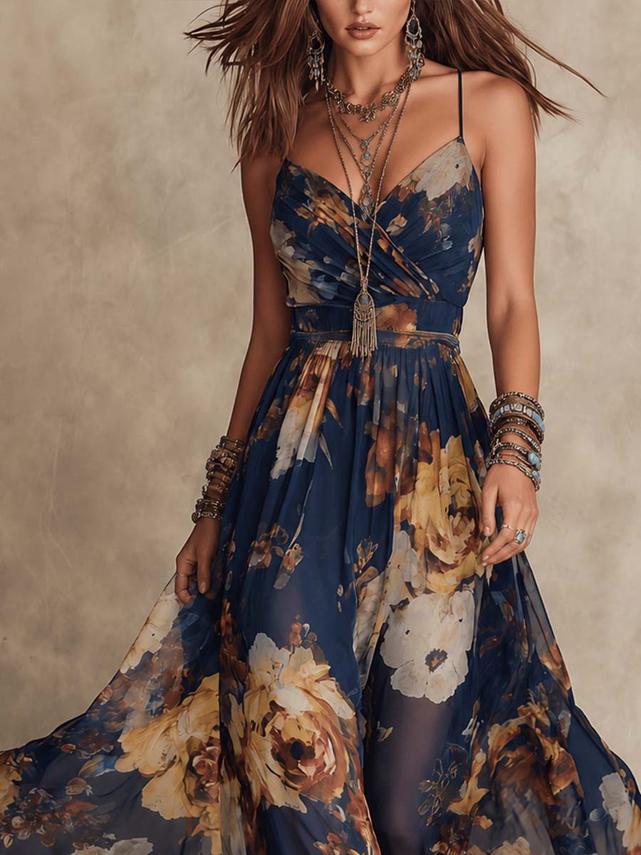 Navy Blue Floral Maxi Dress