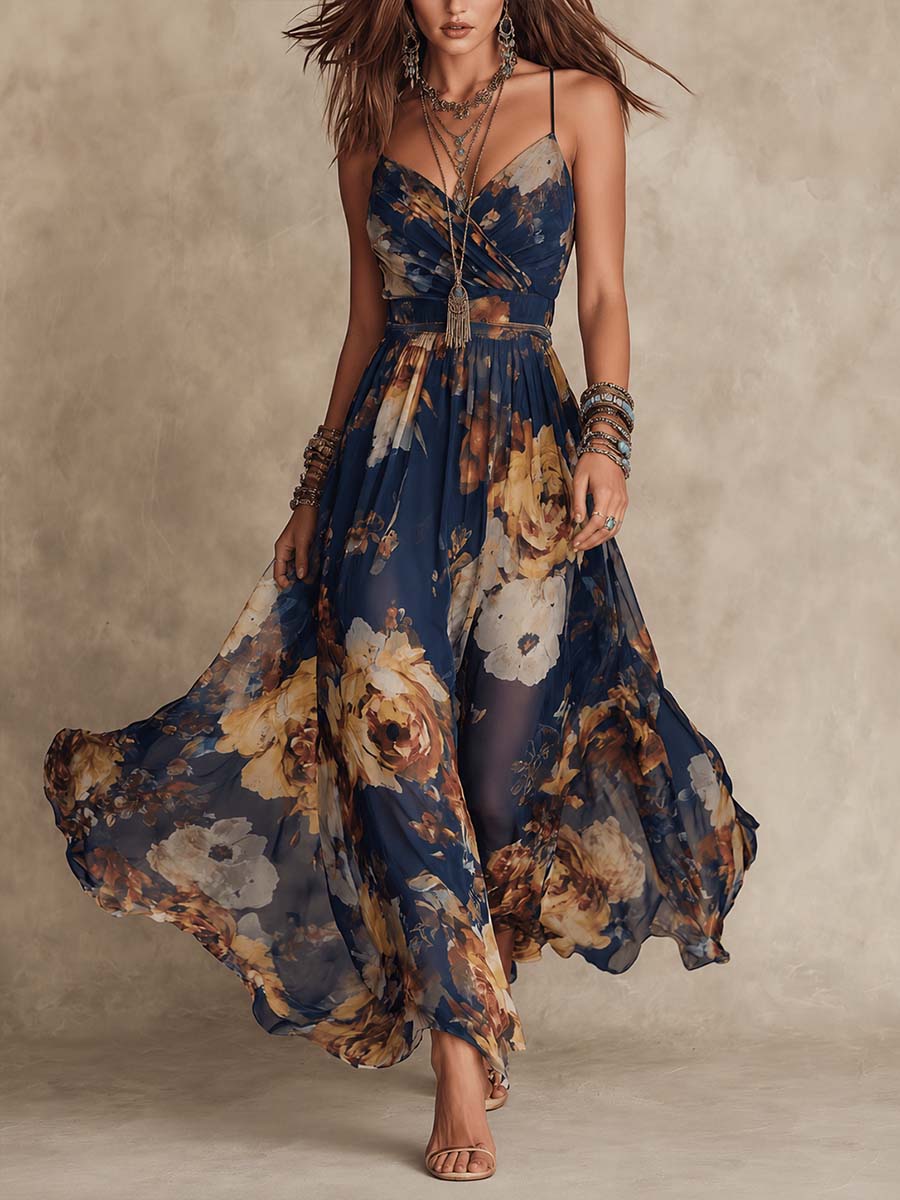 Navy Blue Floral Maxi Dress