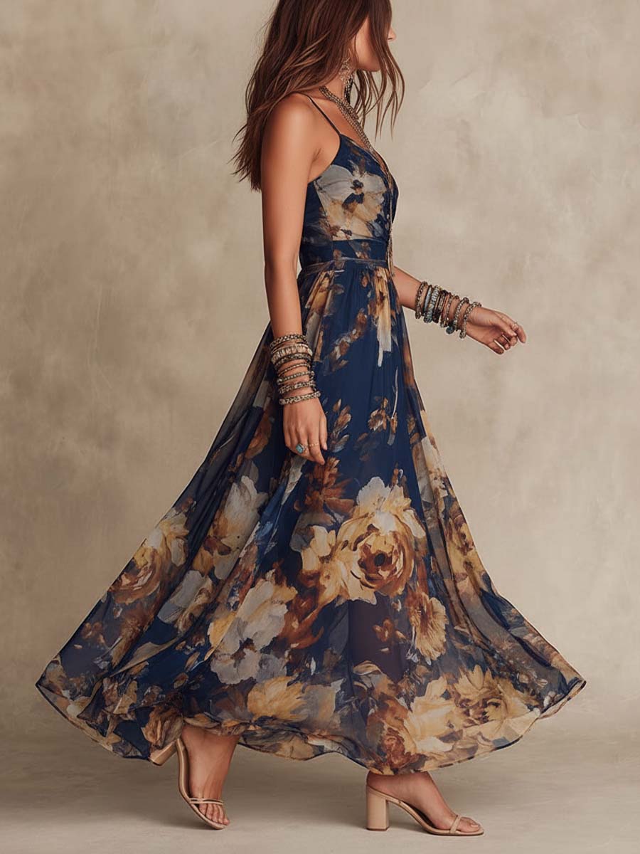 Navy Blue Floral Maxi Dress