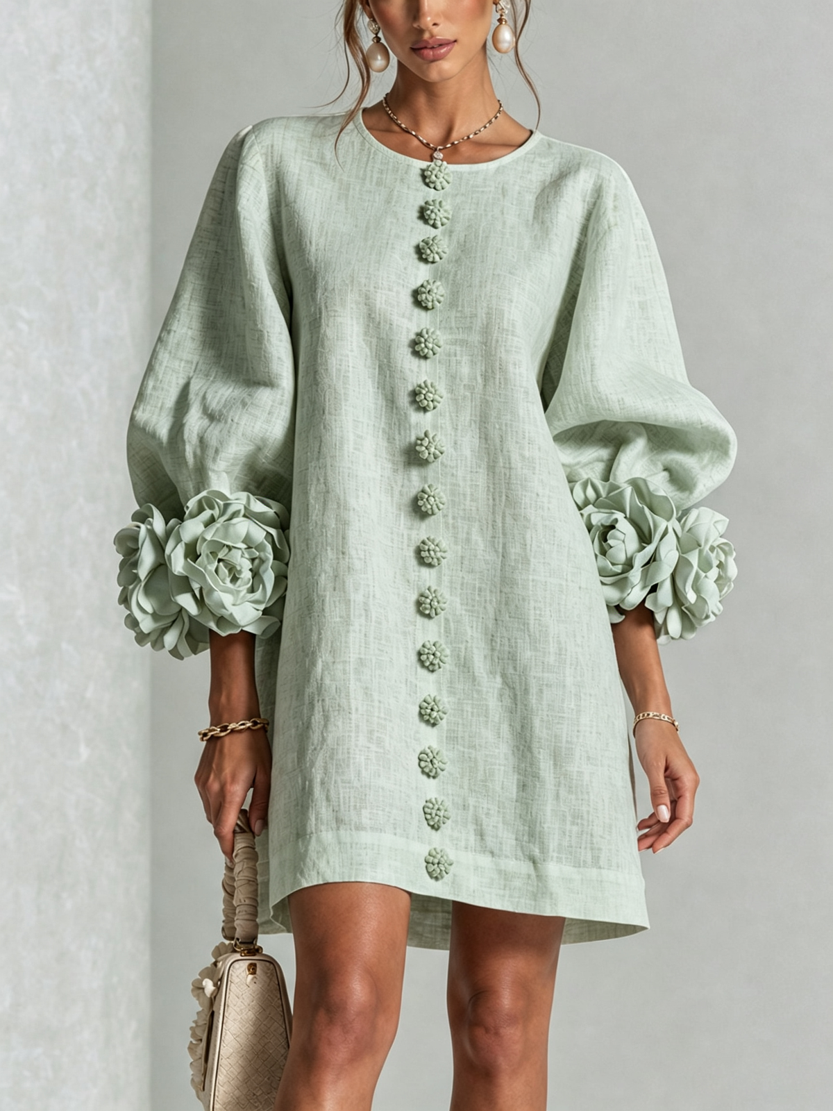 Floral Button-down Mini Dress With Striking Floral Cuffs