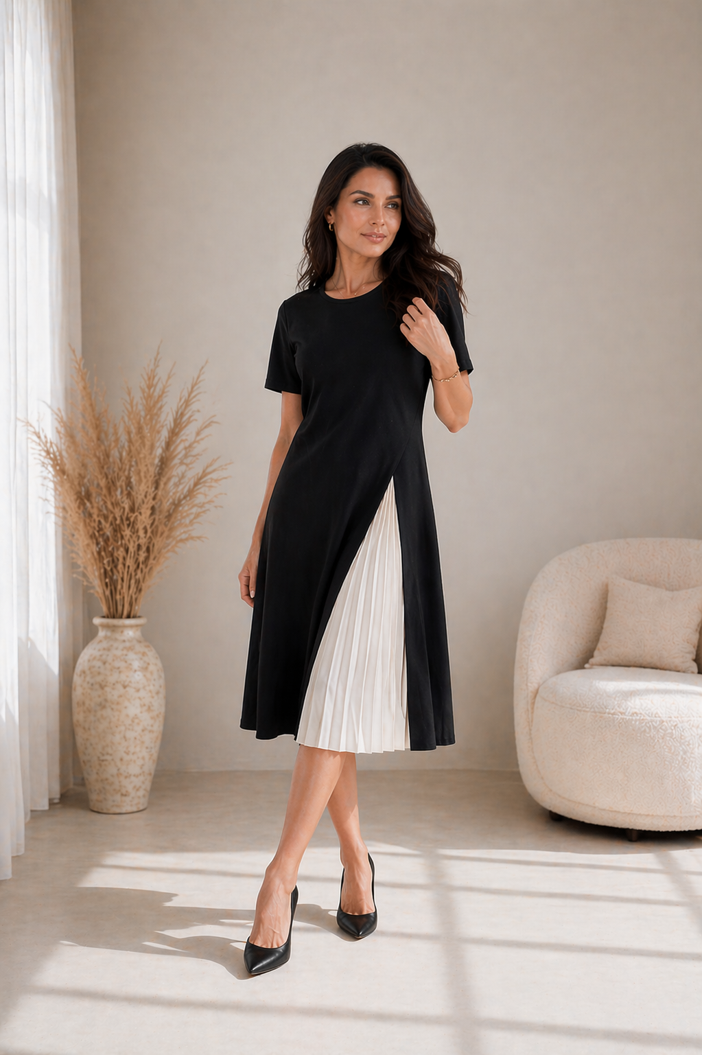 Aveline™ | Pleated Panel Midi Dress