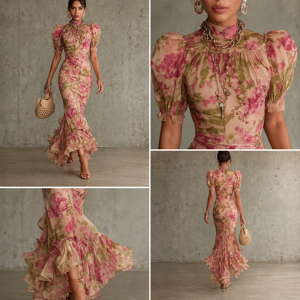 Aveline™ | Floral Puff-Sleeve Maxi Dress.