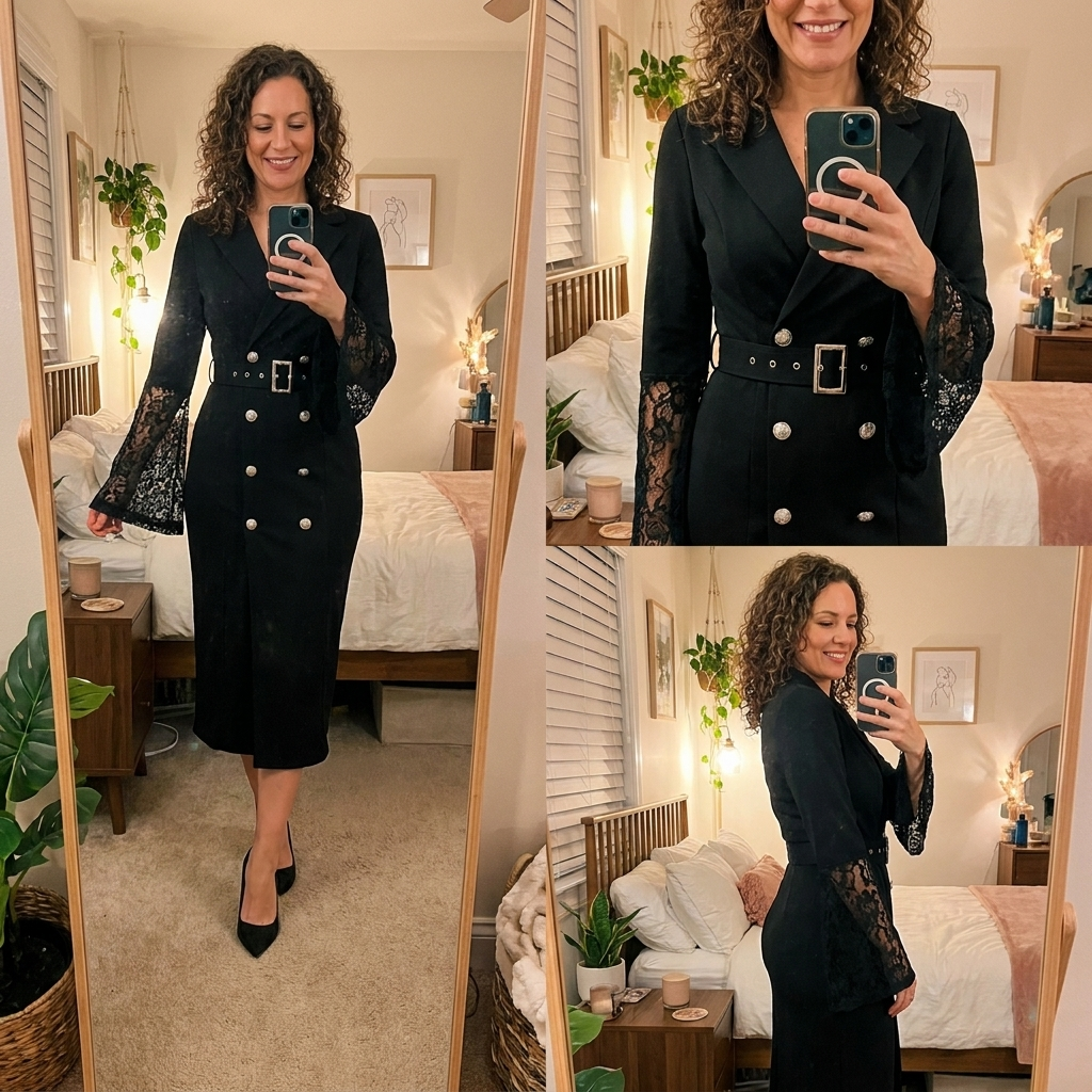 Aveline™ | Belted Lace-Sleeve Midi Dress