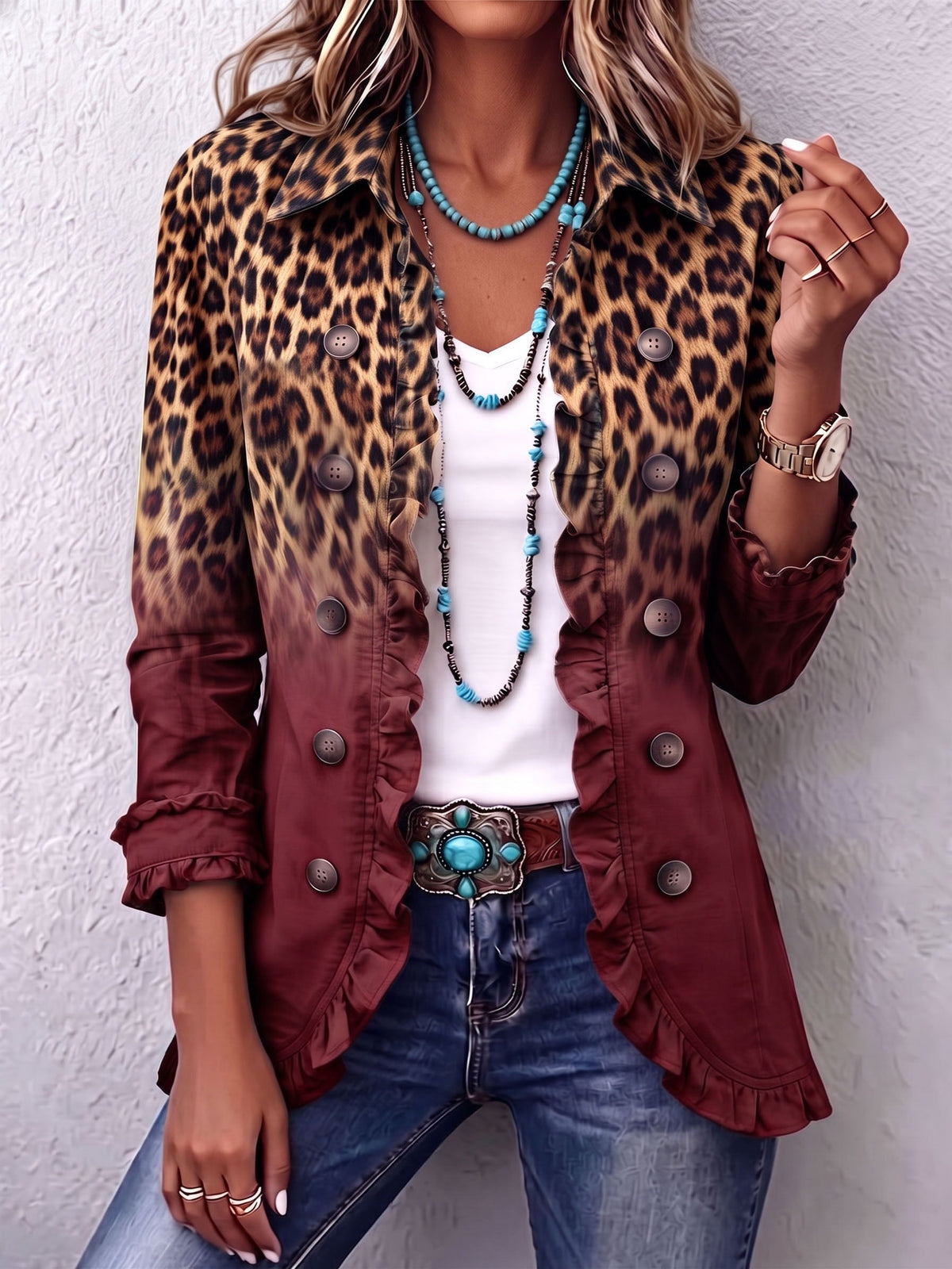 Cassandre | Leopard Gradient Blazer with Ruffles