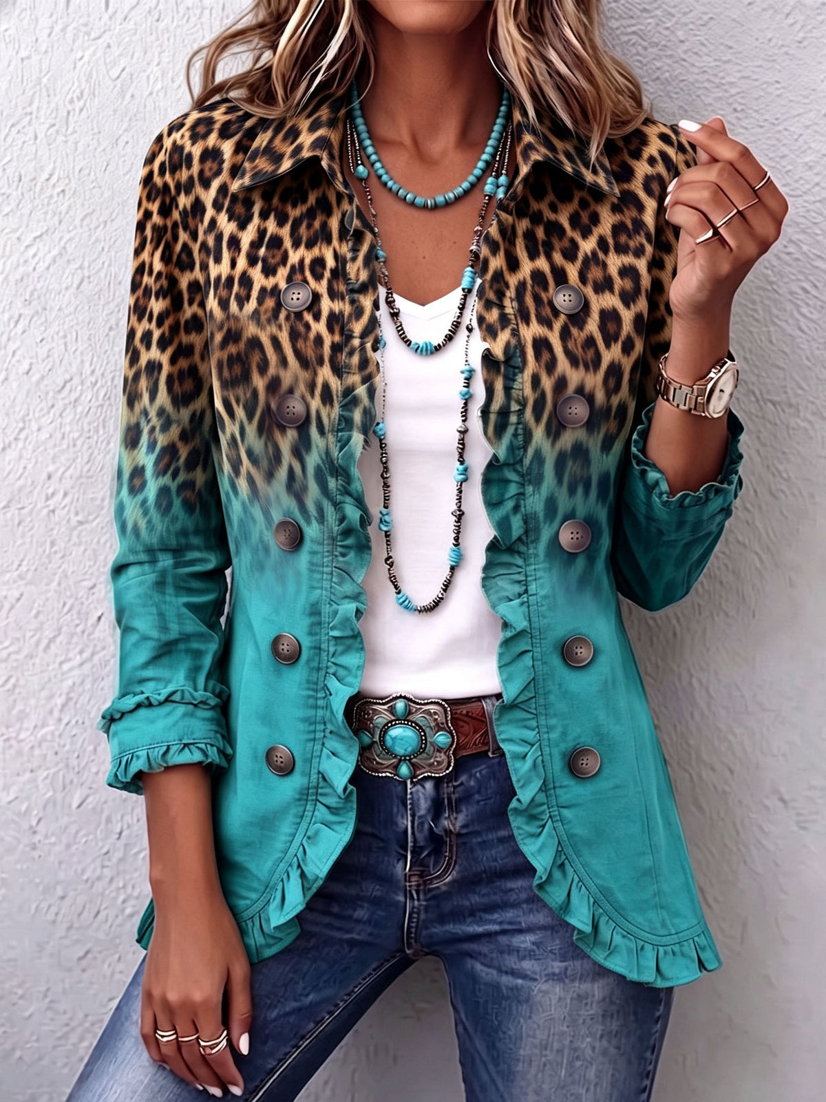 Cassandre | Leopard Gradient Blazer with Ruffles