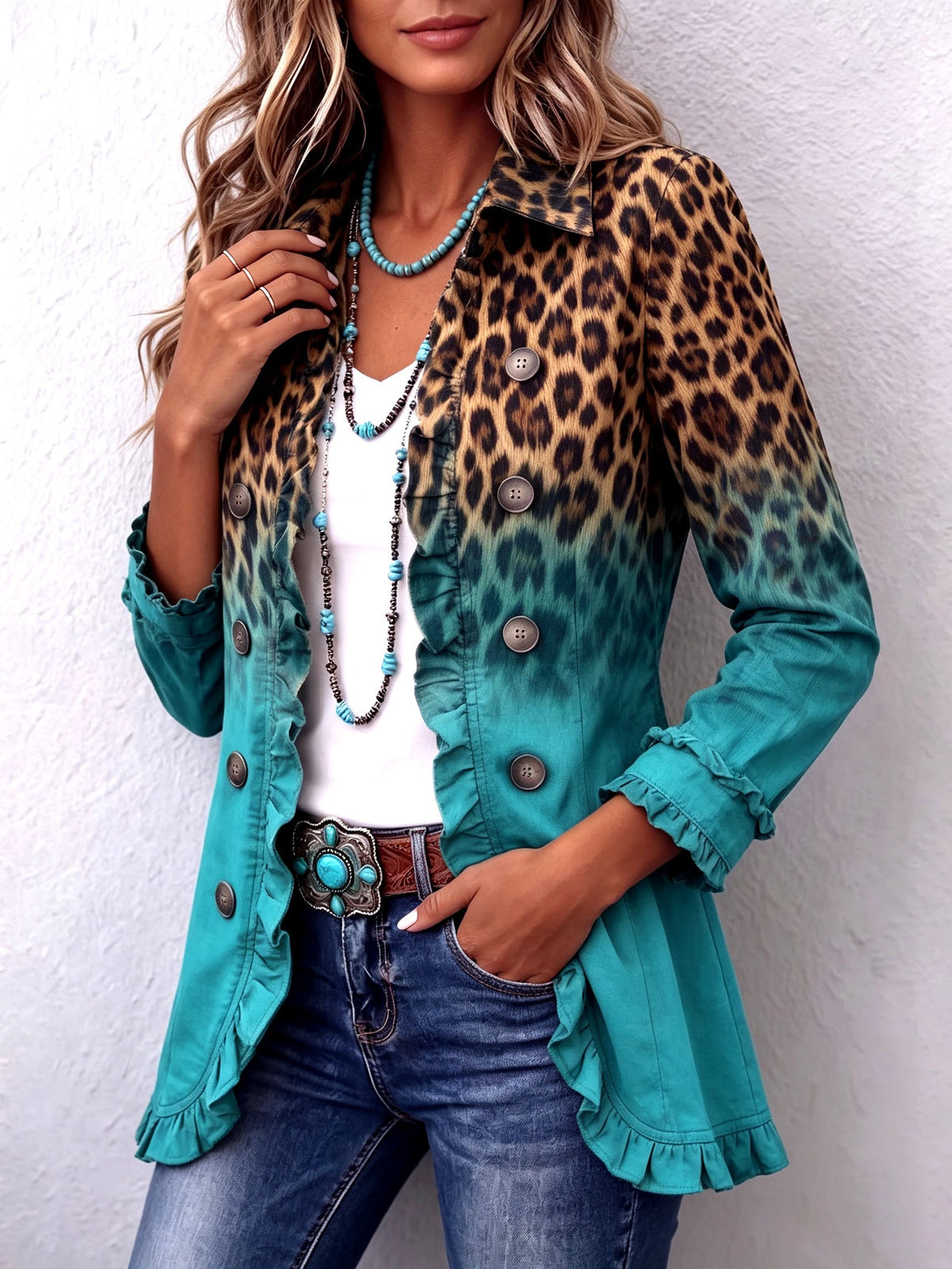 Cassandre | Leopard Gradient Blazer with Ruffles