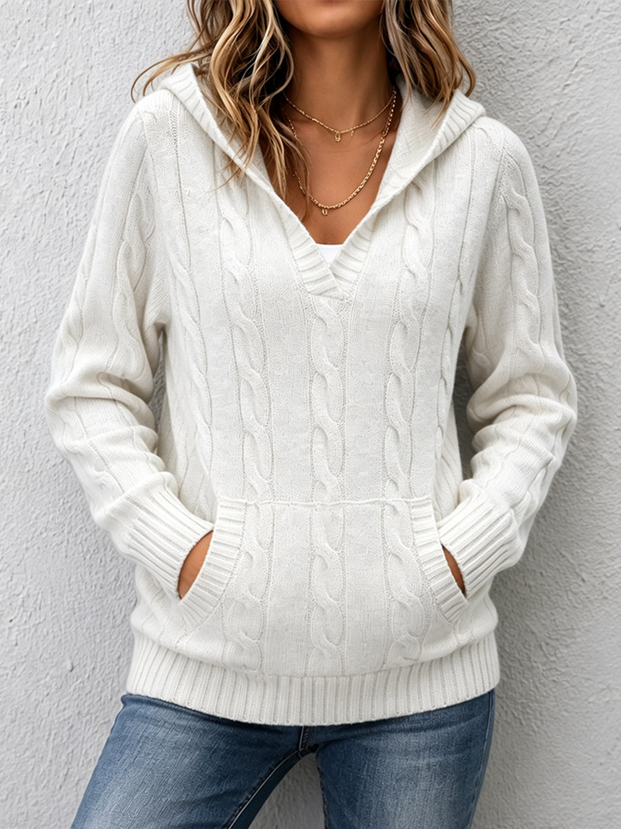 Corabelle | Cable-Knit V-neck Sweater With Hood