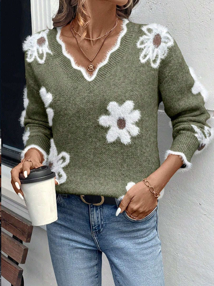 Ellsbeth | Floral Knit Scalloped V-Neck Sweater