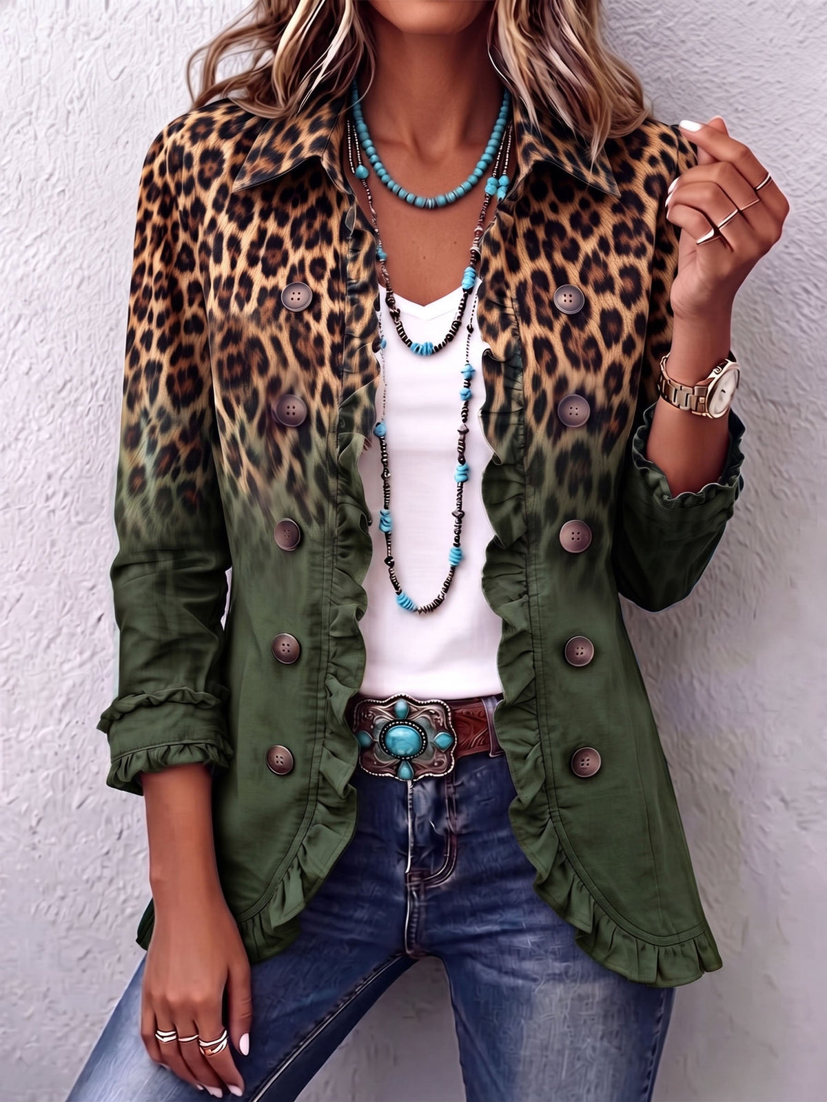 Cassandre | Leopard Gradient Blazer with Ruffles