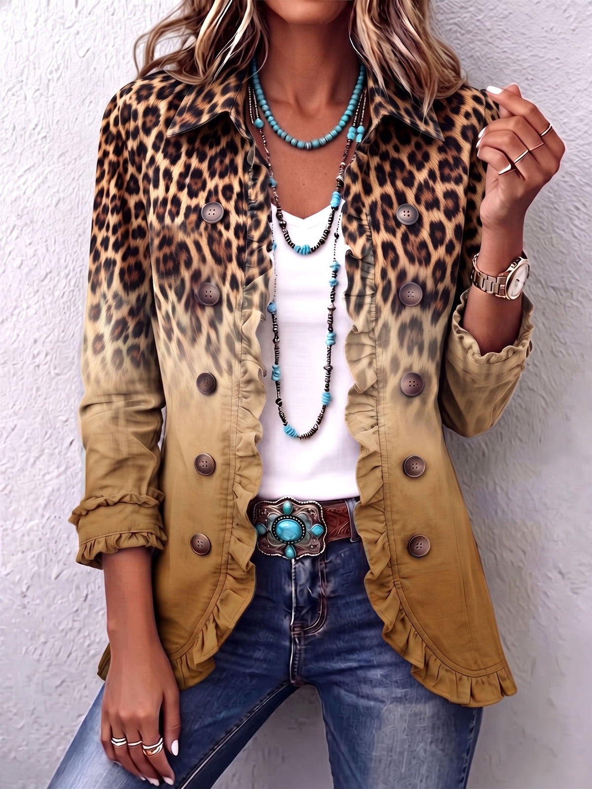 Cassandre | Leopard Gradient Blazer with Ruffles